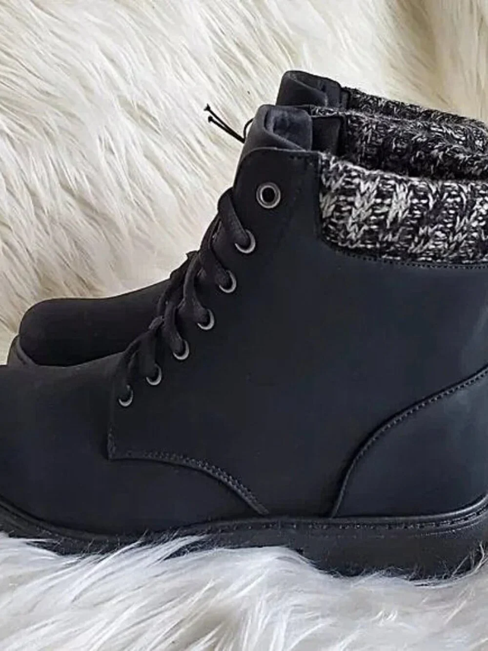 London Rag Black Nolan Lace Up Knitted Sweater Cuff Combat Boots SZ 8